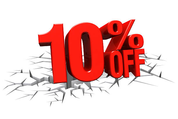 istock 3D red text 10 percent off on white crack floor. 510412863