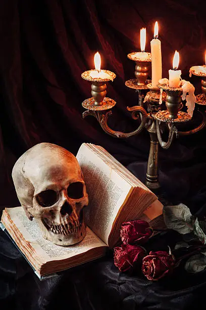 Photo of Still life with skull, book and candlestick
