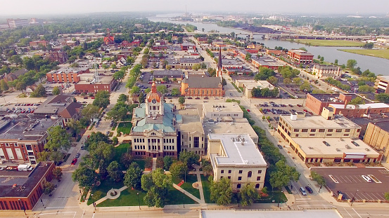 Summer in Green Bay Wisconsin, downtown aerial with courthouse in foreground.
