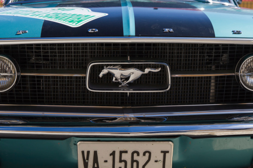 Leon, Spain - April 26, 2014:  Emblem of a Ford Mustang in the XV Classic Car Rally  of León. Logo created the current version from 1963 by Charles Keresztes and Waino Kangas