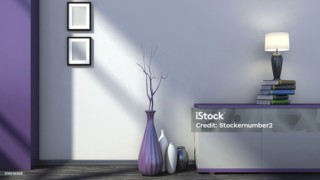 purple empty interior with vases and lamp Apartment Stock Photo