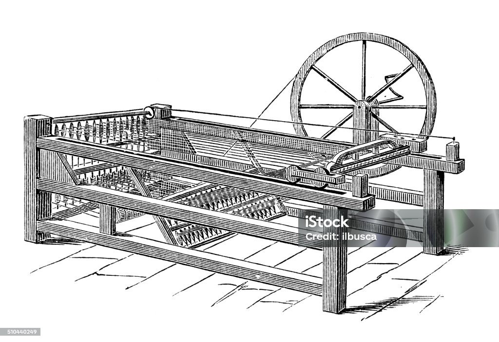 Antique illustration of two handed Hargreaves' Jenny Loom stock illustration