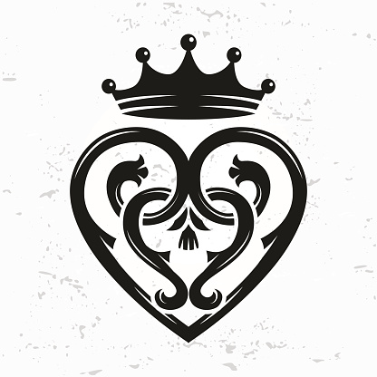 Luckenbooth brooch vector design element. Vintage Scottish heart shape with crown symbol concept. Valentine day or wedding illustration on grunge background