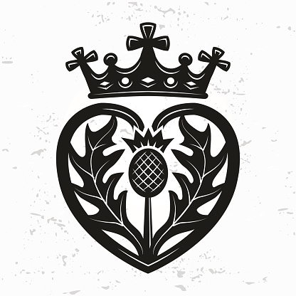 Luckenbooth brooch vector design element. Vintage Scottish heart shape with crown symbol concept. Valentine day or wedding illustration on grunge background.