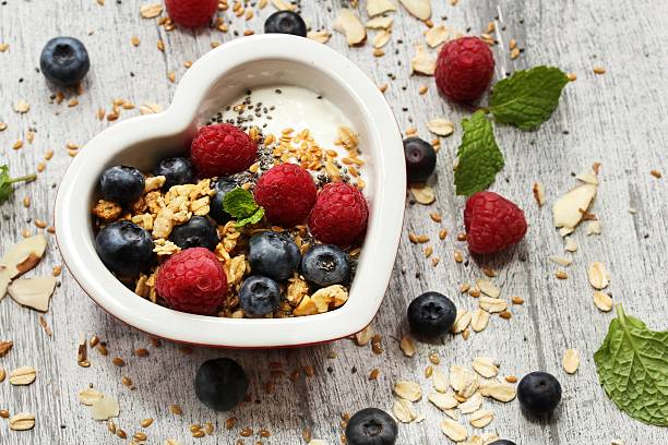 istock Breakfast - Yogurt with fruits raspberry blueberry heart shaped bowl 510461838