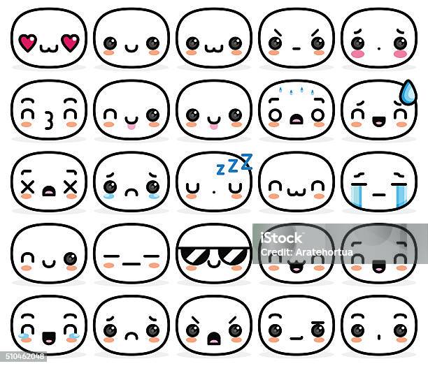 Set Of Different Cartoon Cute Faces Stock Illustration - Download Image Now - Abstract, Anthropomorphic Smiley Face, Avatar