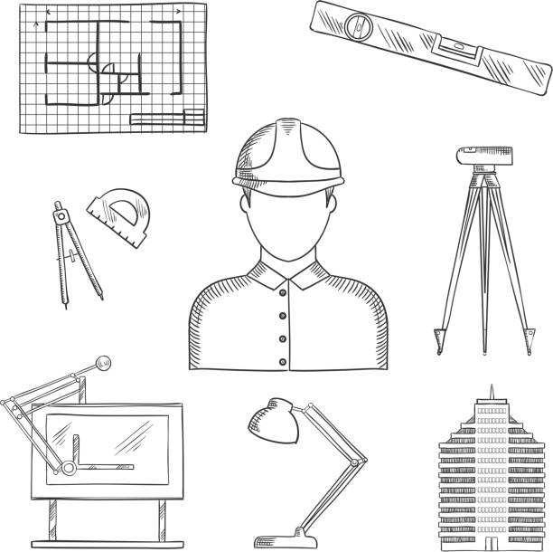 설계자 및 엔지니어는 직업 아이콘 - drawing compass architecture work tool engineering stock illustrations