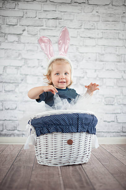 istock Cute baby bunny in the basket 510464885