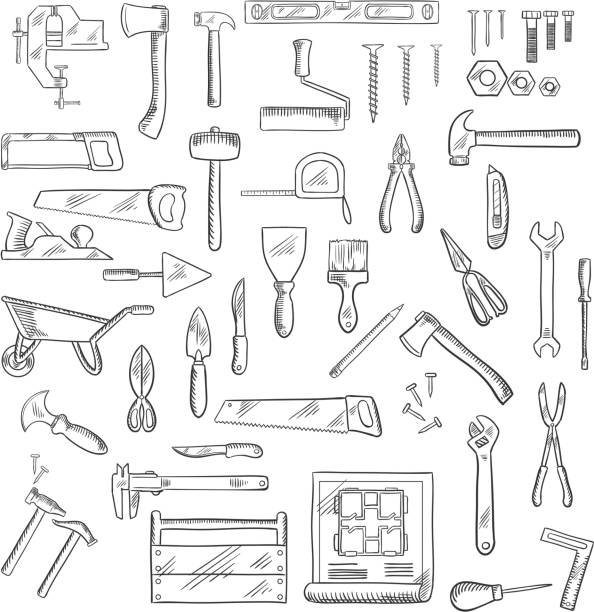Construction and repair tools or equipment Construction hand tools icons of hammer and axe, saws and wrench, screwdrivers and scissors, trowel and spatula, paintbrush and roller, knives and fastener, pliers ans toolbox, blueprint, wheelbarrow and ruler drawing of hand tool stock illustrations