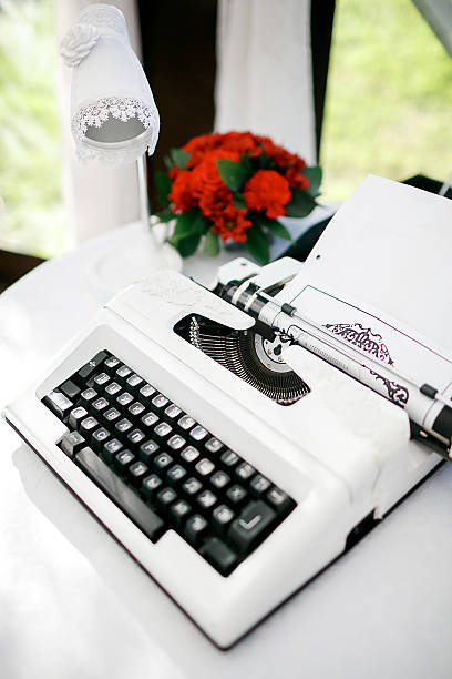White typewriter at wedding for newlyweds messages and wishes. Wedding stock photo