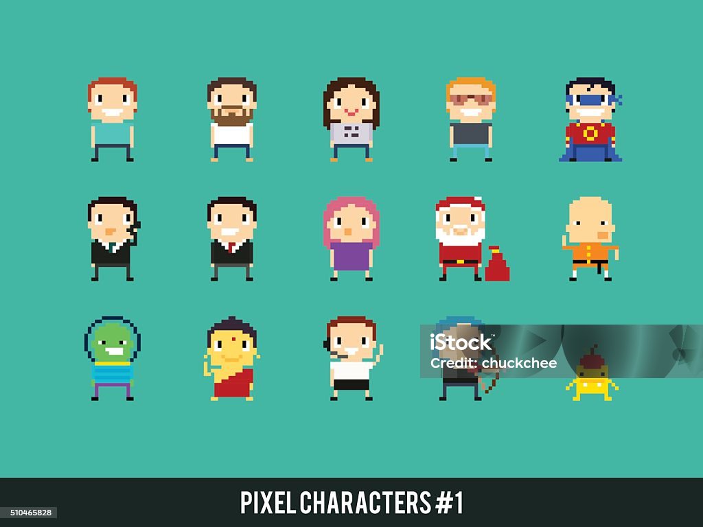 Pixel Characters Set of different pixel art characters Pixelated stock vector