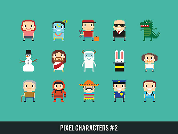 Pixel Characters Set of different pixel characters. Medic, police man, astronaut, bodyguard, mexican guy, yeti, dinosaur monster and other pixelated illustrations stock illustrations