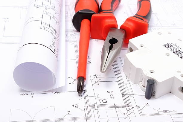 istock Electrical diagrams, electric fuse , work tools on drawing of house 510466155