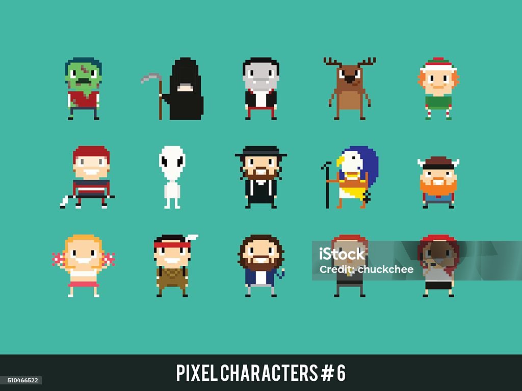 Pixel Characters Set of different pixel art characters Pixelated stock vector