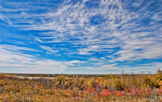 Autumn colours at Cranberry Flats just south of Saskatoon, Saskatchewan.  Vitbrant coloured trees and brush can be seen in the bottom third of the image which is dominated by a large cloudscape.