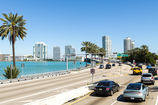 Miami, United States - February 15, 2015: Morning city traffic heading to Miami North. Florida, US.