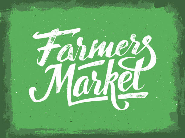 Farmers market hand lettering. Vintage poster Farmers market hand lettering on green aged background. Vegan food retail banner. Retro vintage advertising poster with unique typography. Vector illustration agricultural fair stock illustrations