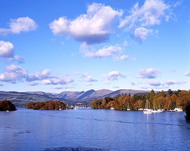 Lake Windermere during the Autumn. Yachts and boats moored on the lake with autumn trees of Belle Isle to the rear, Lake Windermere, Lake District, Cumbria, England, UK, Western Europe. belle isle stock pictures, royalty-free photos & images
