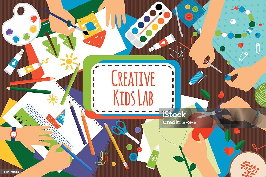 Creative kids lab Creative kids lab, top view table with creative kids hands. Cutting paper, painting and sketching. Vector illustration Child stock vector