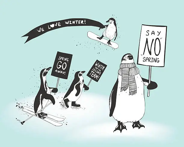 Vector illustration of Rally of penguins athletes in support of the winter
