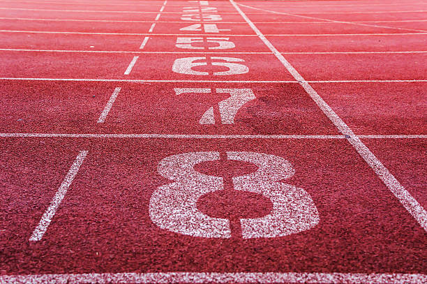 istock Running track closeup numbers eight in stadium 510478178