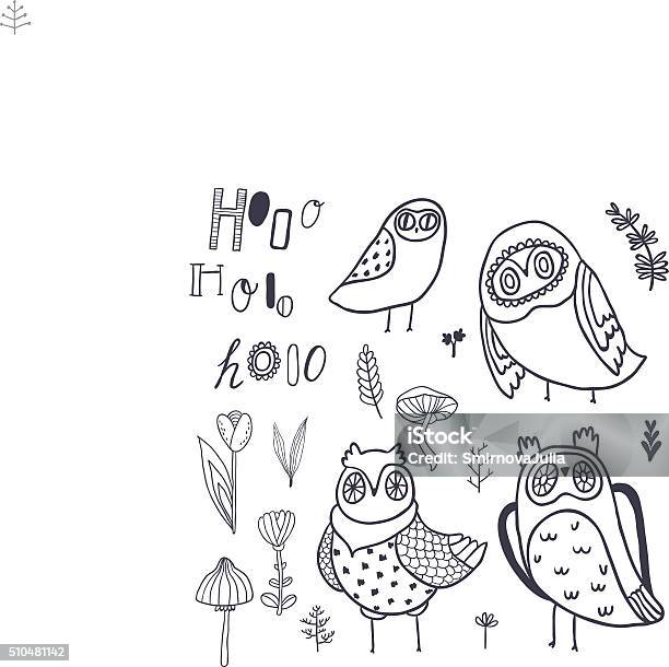 Hooo Vector Set Cute Owls Florals Mushrooms And Hand Lettering Stock Illustration - Download Image Now