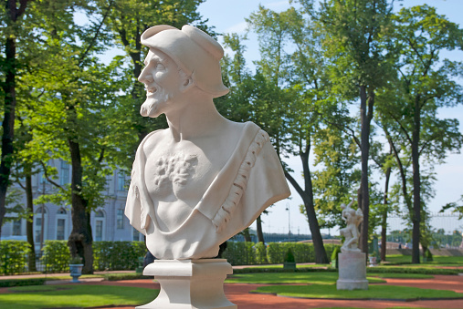 Saint - Petersburg, Russia- July 12, 2014:  Bust of Democritus by Orazio Marinali in The Summer Garden. The Summer Garden - park ensemble, founded by Peter the Great. Democritus was  greek philosopher