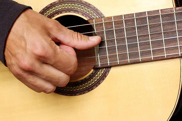 Photo of human hand plays the guitar bust