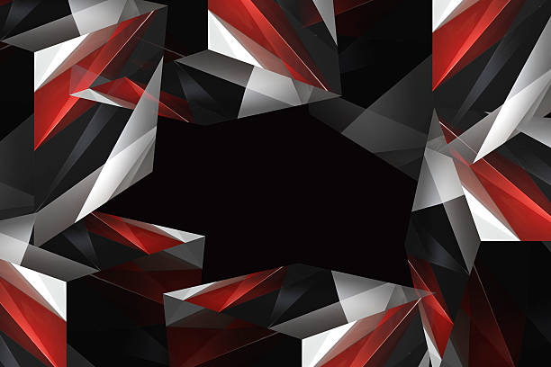 Digitally rendered dynamic polyhedron composition comprising several parts of cubes in red, gray, black and white colors. Abstract contemporary graphic design or futuristic background.