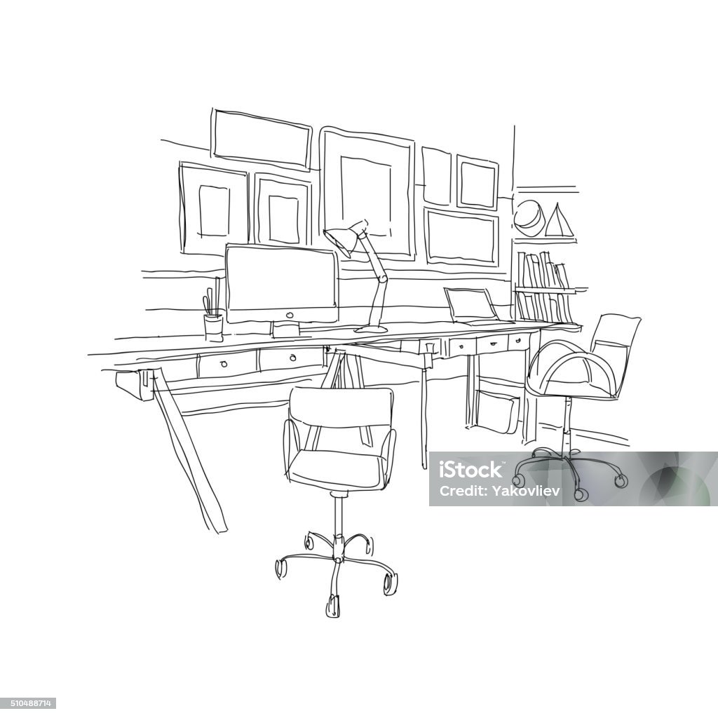 Visual Workplace Drawing Sketch Interior Comfortable Workplace Hand Drawn Vector Illustration ...