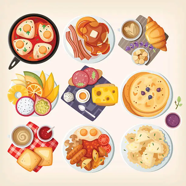 Vector illustration of Traditional breakfasts all over the world.