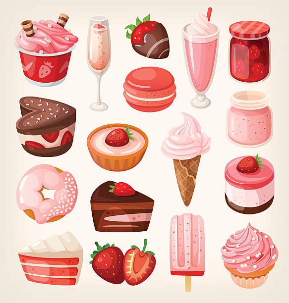 Strawberry desserts Set of delicious sweets and desserts with strawberry flavor for valentine day dessert stock illustrations