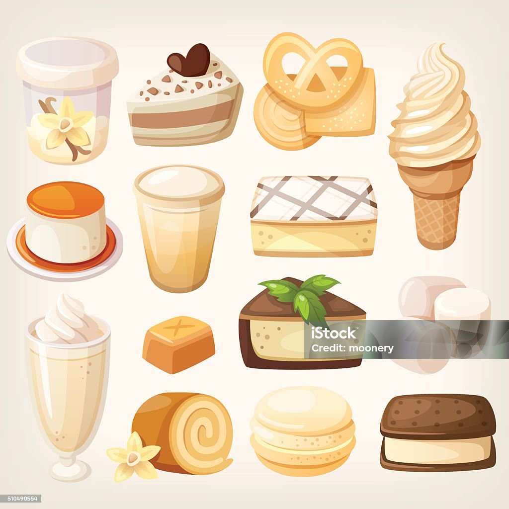 Vanilla desserts Set of delicious sweets and desserts with vanilla flavor for valentine day Vanilla stock vector