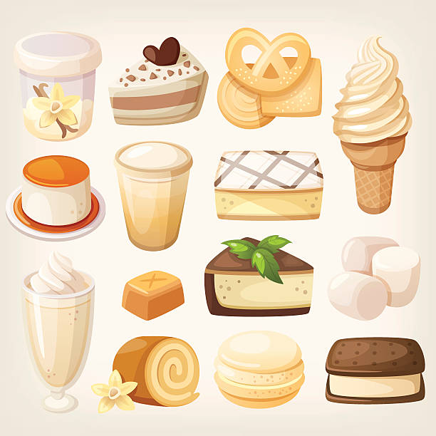 Vanilla desserts Set of delicious sweets and desserts with vanilla flavor for valentine day marshmallow chocolate stock illustrations