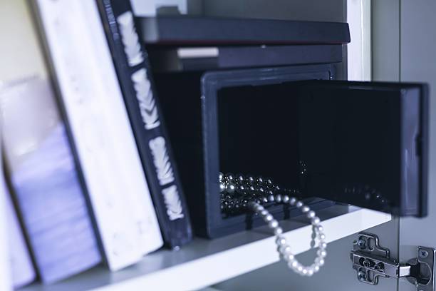 Image of open domestic safe with expensive jewellery