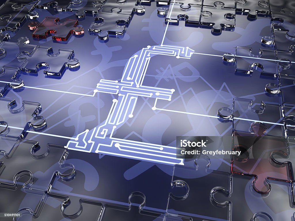 British Pound Abstract 3D illustration. British pound as a chip with electronic tracks in a puzzle of glass. Digital Currency Stock Photo