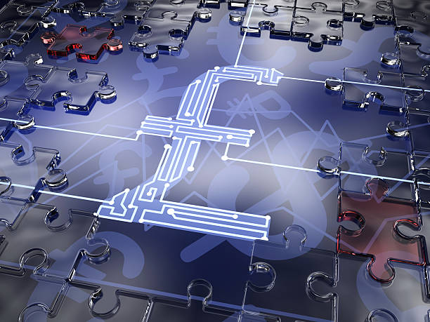 British Pound Abstract 3D illustration. British pound as a chip with electronic tracks in a puzzle of glass. british falling pounds stock pictures, royalty-free photos & images