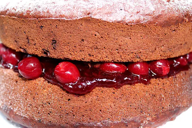 Photo showing a circular homemade chocolate cake / Black Forest gateau, with two light sponges, fresh cherries and rich cherry jam pictured oozing out of the middle.  The top of the cake has been dusted with icing sugar.
