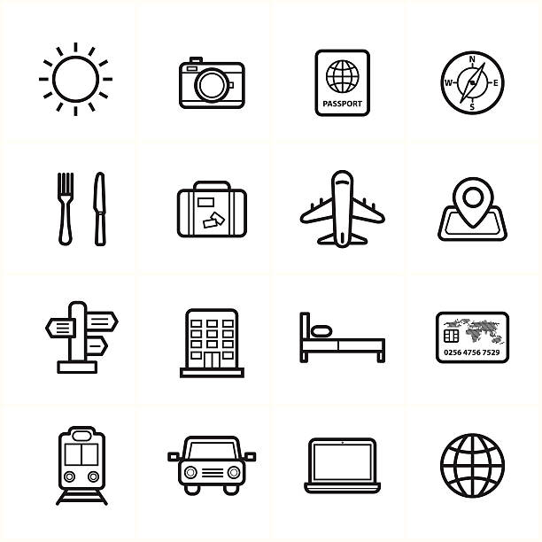 ilustraciones, imágenes clip art, dibujos animados e iconos de stock de iconos de línea plana para viajes iconos y ilustración vectorial de íconos de transporte - aeropuerto fotos