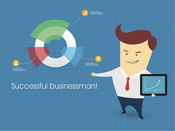 простой бизнесмен & info graphic изолированные на синем фоне - analyzing pie chart scrutiny sales occupation stock illustrations