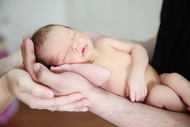 Hands of Father and Mother Holding Newborn Baby  Stock Image stock photo