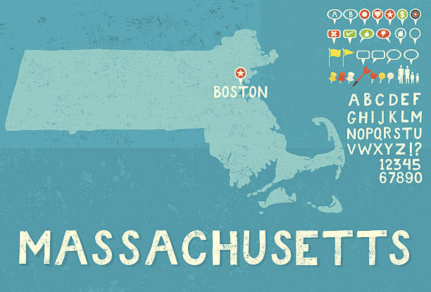 Map of Massachusetts with icons Map of Massachusetts with icons massachusetts illustrations stock illustrations