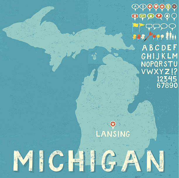 map of michigan with icons - michigan 幅插畫檔、美工圖案、卡通及圖標