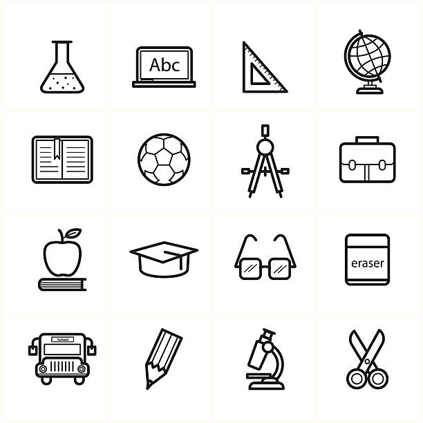 ilustraciones, imágenes clip art, dibujos animados e iconos de stock de iconos de línea plana para la educación iconos de la escuela y ilustración vectorial de íconos - simplicity mathematics mathematical symbol blackboard