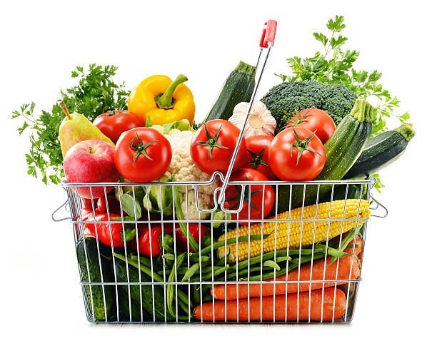 istock Wire shopping basket with groceries isolated on white 510512099