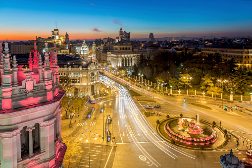 Night time view over Cibeles, Madrid, Spain.