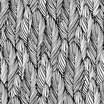 Outline hand draw feather seamless pattern, black and white colored design background
