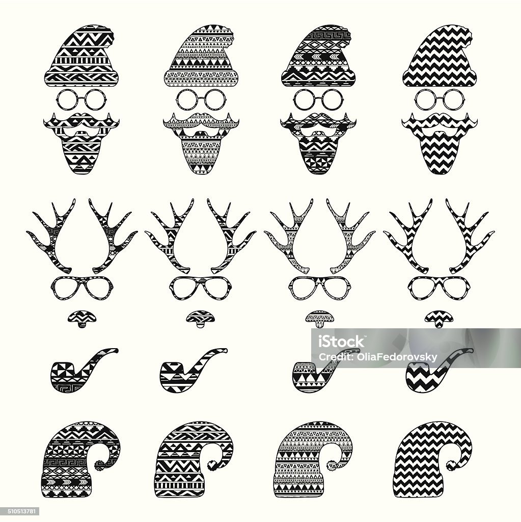 Hipster Vintage Icon with Pattern Background Christmas Hipster Black and White Retro Vintage Vector Icons with Geometric Hand Drawn Pattern Background Abstract stock vector