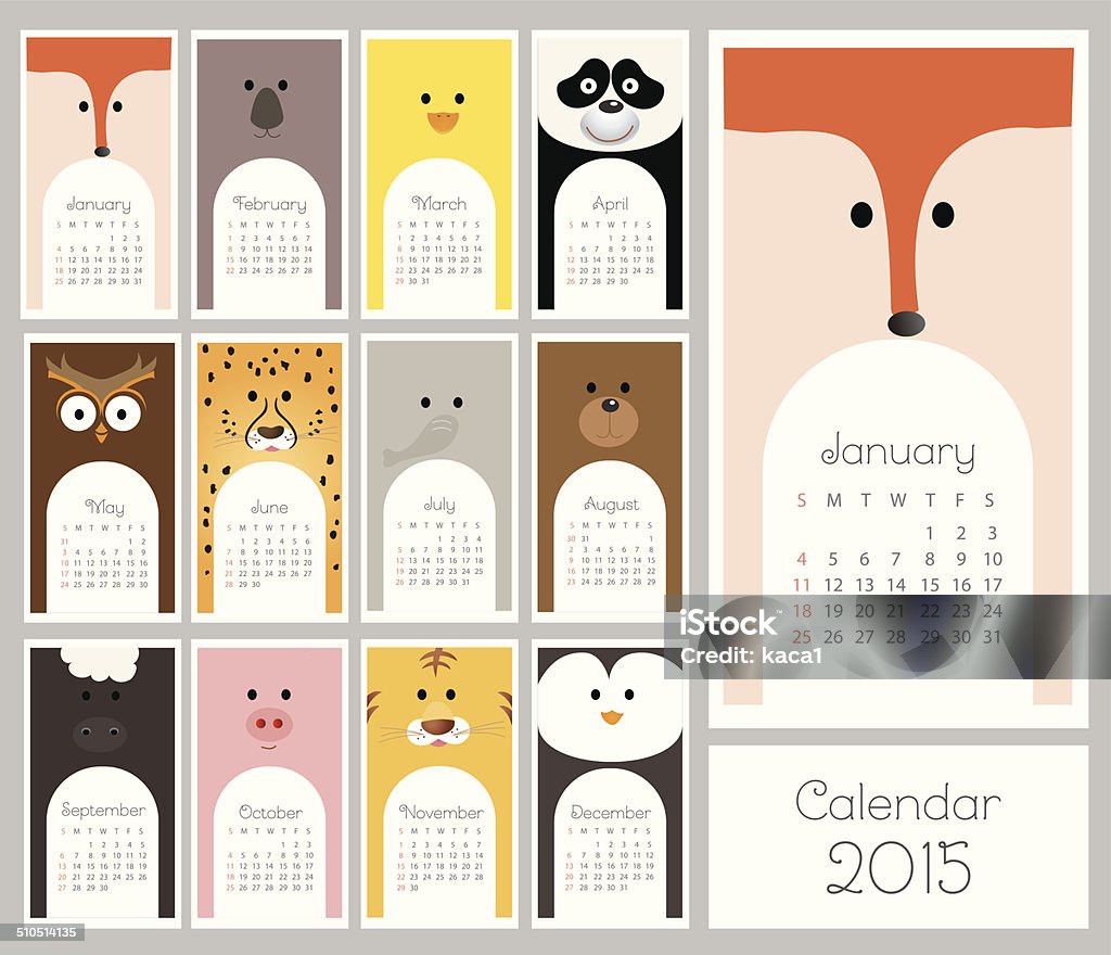 Calendar 2015 with animals - Illustration Calendar 2014 with cartoon zebra, elephant, leopard, tiger,panda, sheep, bear, owl, koala and lion - vector illustration, eps 10 2015 stock vector