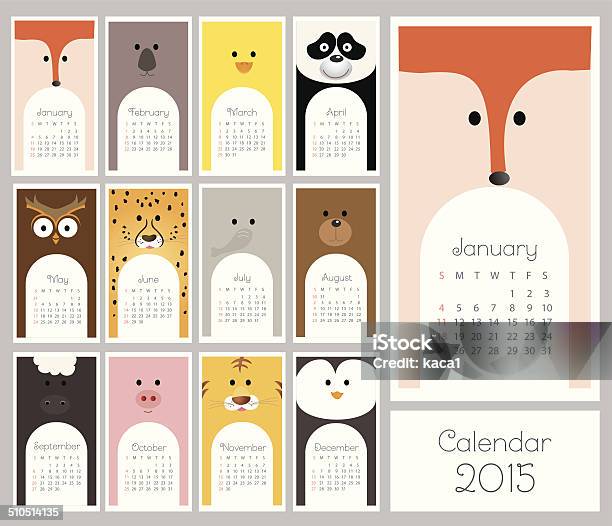 Calendar 2015 With Animals Illustration Stock Illustration - Download Image Now - 2015, Animal, August